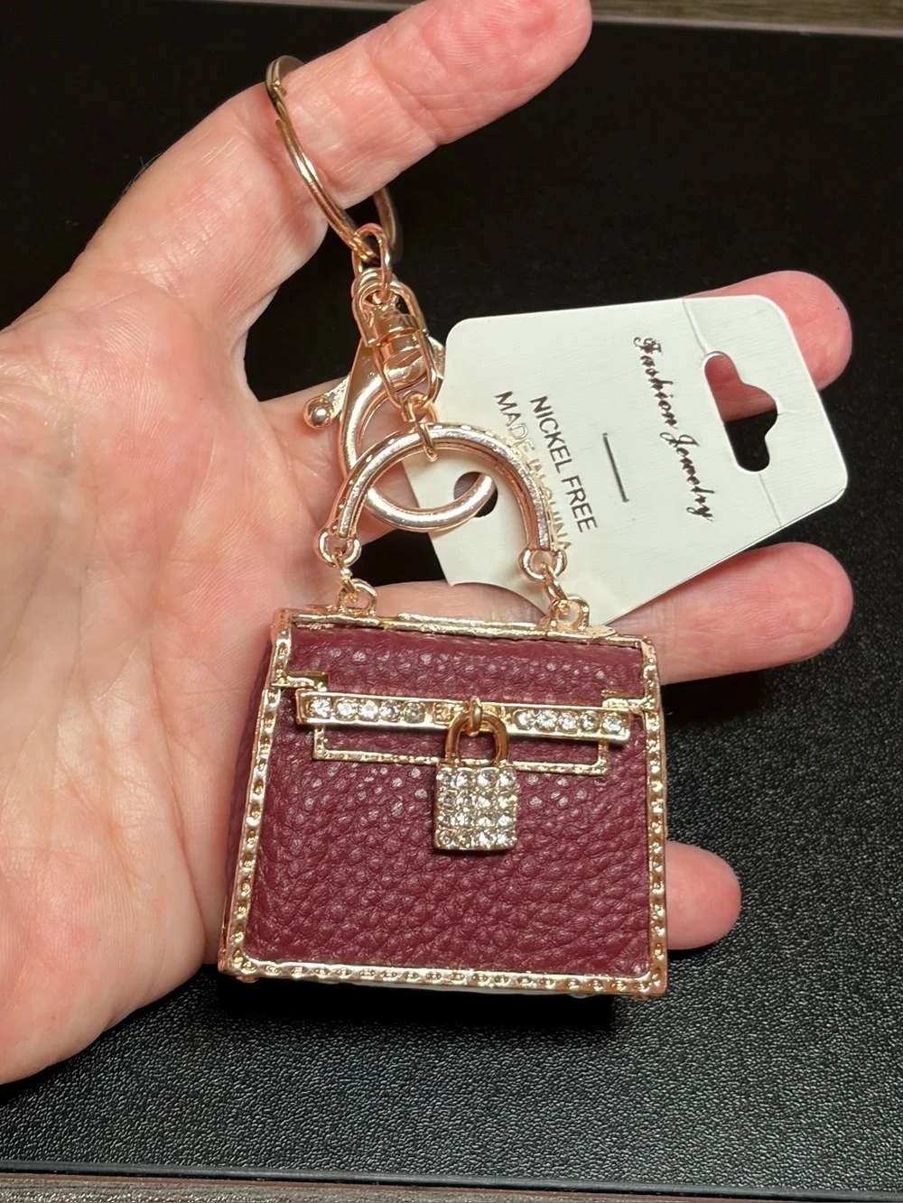 Burgundy Mini Handbag Keychain with Gold Crystal Accents